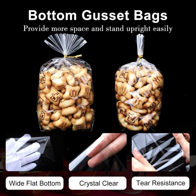 ZIMCEMS 100Pcs 5X7 inch Bottom Gusset Bags Clear Cellophane Gift Bags Plastic Gift Wrap Cello Bags for Party Favor Treats, Goodie,Bakery Cookie, Candy with 5" Twist Ties - Image 3